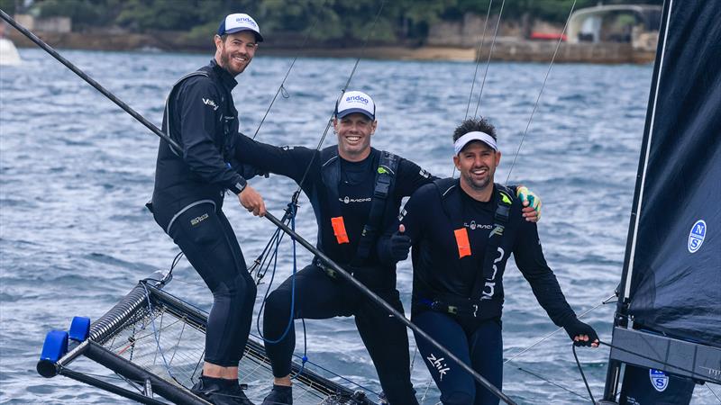 Andoo's winning crew at the 2023 JJ Giltinan Trophy  photo copyright Michael Chittenden, Sail Media  taken at Australian 18 Footers League and featuring the 18ft Skiff class