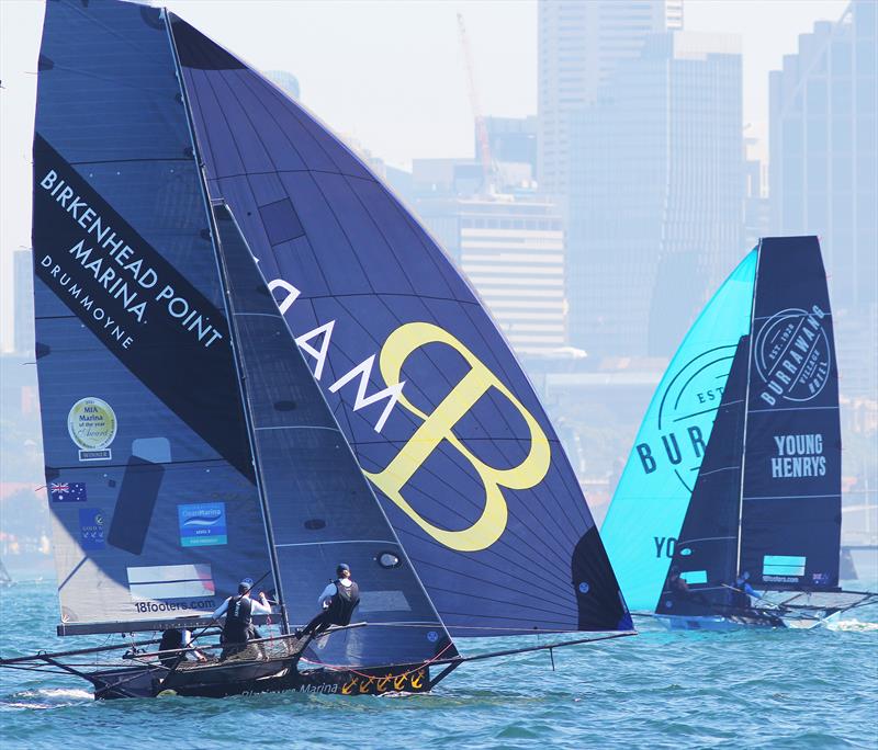 Birkenhead Point Marina chases the Season Point Score winner Burrawang-Young Henrys during the 18ft Skiff Queen of the Harbour photo copyright Frank Quealey taken at Australian 18 Footers League and featuring the 18ft Skiff class