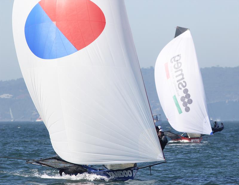 Yandoo leads Smeg to the bottom mark during the 18ft Skiff Queen of the Harbour photo copyright Frank Quealey taken at Australian 18 Footers League and featuring the 18ft Skiff class