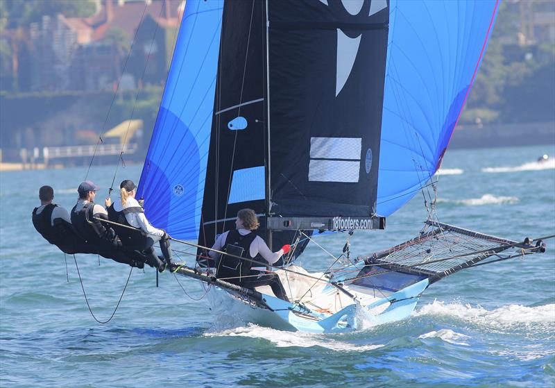 Noakes Blue downwind during the 18ft Skiff Queen of the Harbour photo copyright Frank Quealey taken at Australian 18 Footers League and featuring the 18ft Skiff class