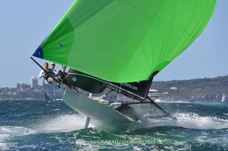 Black Knight crew fly high in photo copyright Christophe Favreau / JJ Giltinan 2023 taken at Australian 18 Footers League and featuring the 18ft Skiff class