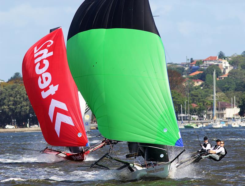 Black Knight leads the Australian champion Tech2 at the 2022 JJs photo copyright Frank Quealey taken at Australian 18 Footers League and featuring the 18ft Skiff class