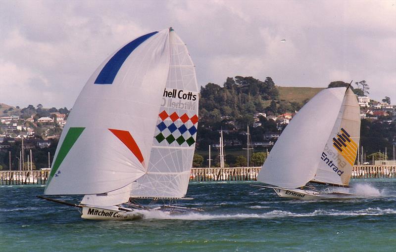 Mitchell Cotts leads Entrad on Waitemata Harbour, Auckland photo copyright Archive taken at Australian 18 Footers League and featuring the 18ft Skiff class