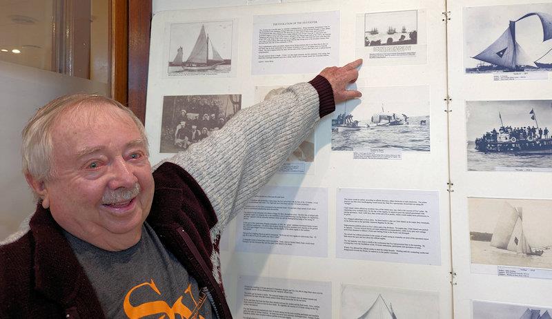 John 'Steamer' Stanley points out the origin of the Sydney Flying Squadron name photo copyright Mark Jardine taken at Sydney Flying Squadron and featuring the 18ft Skiff class