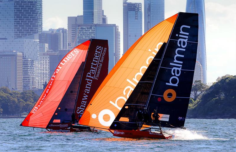 Academy graduates Emma Rankin (Shaw and Partners ) and Henry Larkings (Balmain) on a NE spinnaker run in -24 photo copyright SailMedia taken at Australian 18 Footers League and featuring the 18ft Skiff class