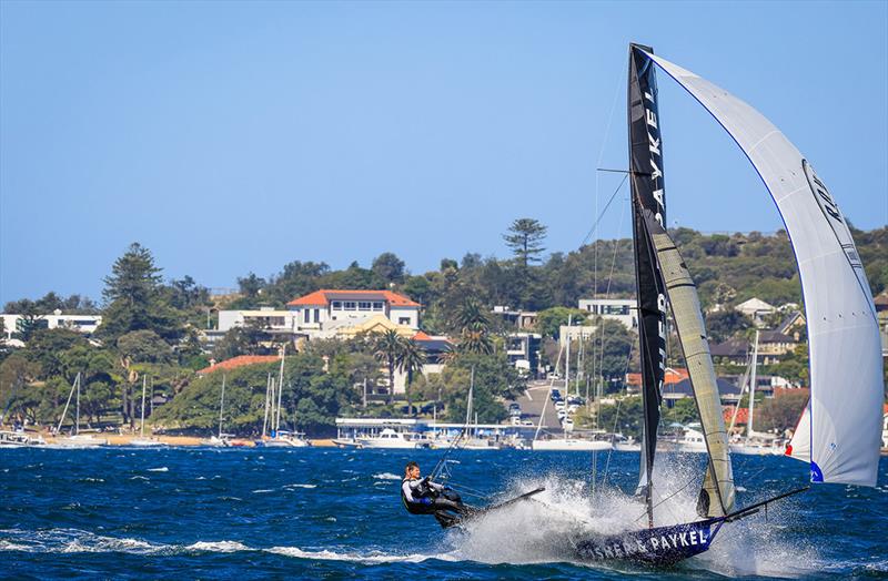 Fisher and Paykel in last Sunday's strong nor'easter wind photo copyright SailMedia taken at Australian 18 Footers League and featuring the 18ft Skiff class