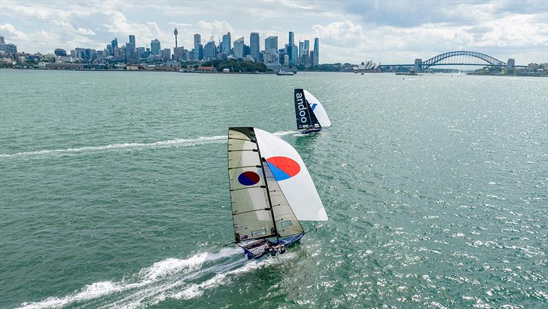 Andoo leads Yandoo on the race trach and the points table in the NSW 18ft Skiff Championship photo copyright SailMedia taken at Australian 18 Footers League and featuring the 18ft Skiff class