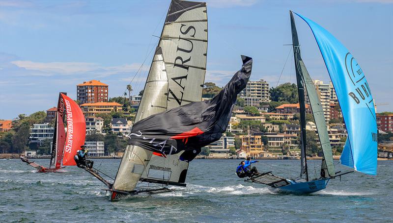 Lazarus drops their spinnaker as they approach the bottom mark - 2023-24 NSW 18ft Skiff Championship photo copyright SailMedia taken at Australian 18 Footers League and featuring the 18ft Skiff class