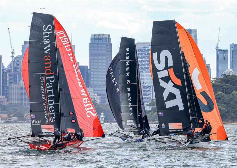 The fleet heads to the bottom mark in Race 2  - 2023-24 NSW 18ft Skiff Championship photo copyright SailMedia taken at Australian 18 Footers League and featuring the 18ft Skiff class