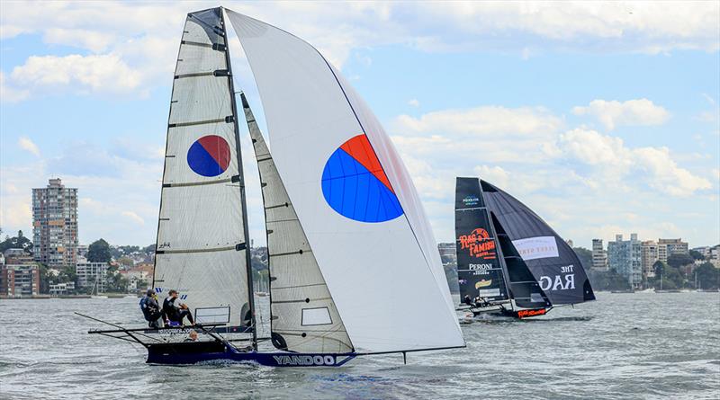 Yandoo and Rag and Famish Hotel at the head of the fleet in Race 2 - 2023-24 NSW 18ft Skiff Championship photo copyright SailMedia taken at Australian 18 Footers League and featuring the 18ft Skiff class
