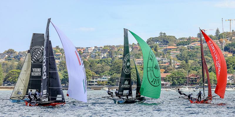Spinnakers are set after rounding the weather mark in Race 1 - 2023-24 NSW 18ft Skiff Championship - photo © SailMedia