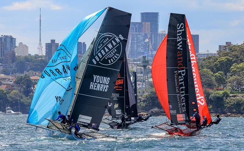 Burrawang-Young Henrys crew gybe in Race 1 - NSW 18ft Skiff Championship photo copyright SailMedia taken at Australian 18 Footers League and featuring the 18ft Skiff class