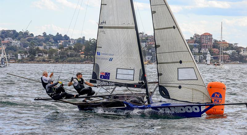 Yandoo rounds the weather mark on the way to victory in Race 2 of the NSW 18ft Skiff Championship photo copyright SailMedia taken at Australian 18 Footers League and featuring the 18ft Skiff class