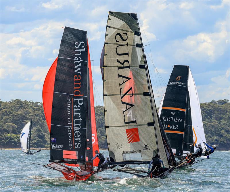 Looking for more wind to set the spinnakers for the first run in Race 1 last Sunday - NSW 18ft Skiff Championship photo copyright SailMedia taken at Australian 18 Footers League and featuring the 18ft Skiff class