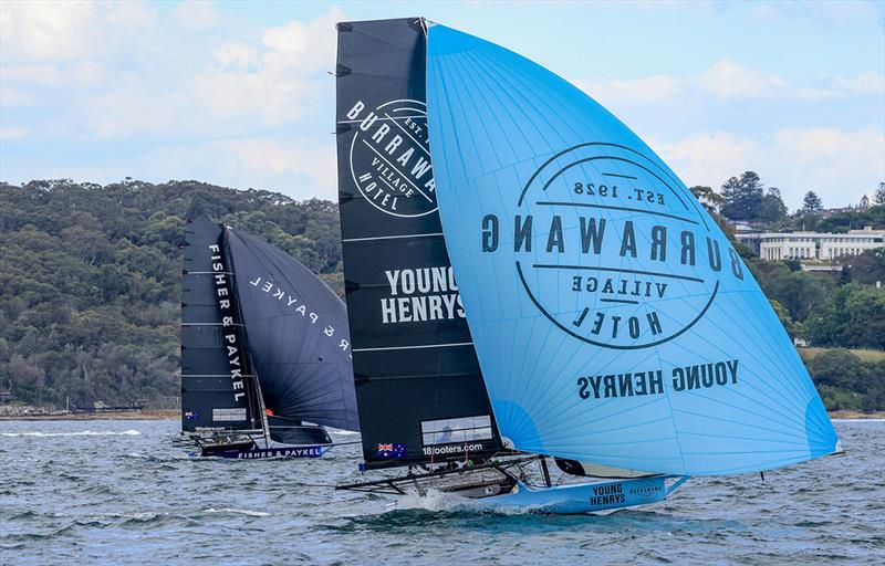 Fisher and Paykel and Burrawang-Young Henrys battle for a top five finish in Race 2 last Sunday - NSW 18ft Skiff Championship photo copyright SailMedia taken at Australian 18 Footers League and featuring the 18ft Skiff class