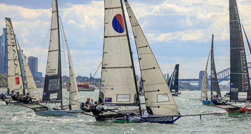 Light breeze at the weather mark in Race 1 last Sunday - NSW 18ft Skiff Championship photo copyright SailMedia taken at Australian 18 Footers League and featuring the 18ft Skiff class