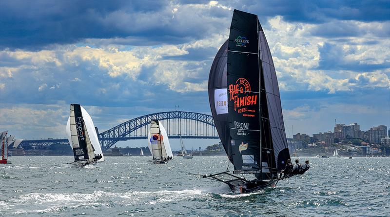 Yandoo leads the fleet downwind - 2023-24 NSW 18ft skiff Championship - photo © SailMedia