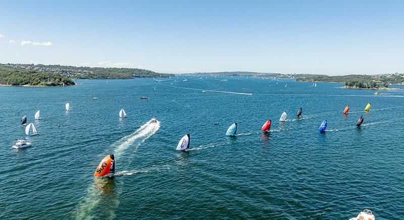 Spinnaker run to the bottom mark on the first lap of the course - 18ft Skiff Australian Championship Race 2 photo copyright SailMedia taken at Australian 18 Footers League and featuring the 18ft Skiff class