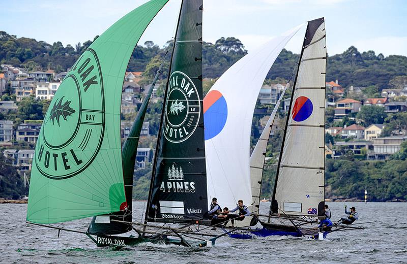 The Oak Double Bay-4 Pines challenges Yandoo last Friday evening in the Super Sprint Series - Australian 18ft Skiff Championship photo copyright SailMedia taken at Australian 18 Footers League and featuring the 18ft Skiff class