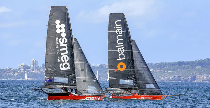 The race for sixth place as Smeg and Balmain approach the finish line - 18ft Skiff Australian Championship  photo copyright SailMedia taken at Australian 18 Footers League and featuring the 18ft Skiff class