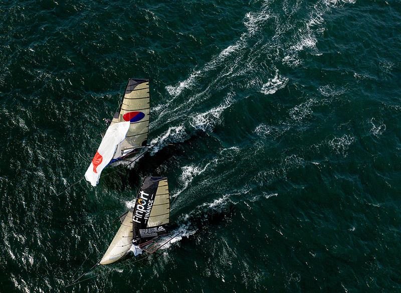 The new champ Yandoo and the old champ Finport Finance during Race 4 - 18ft Skiffs: Australian Championship photo copyright SailMedia taken at Australian 18 Footers League and featuring the 18ft Skiff class