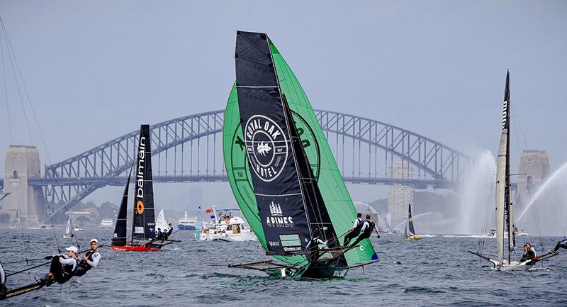 The Oak Double Bay-4 Pines leads down the first spinnaker run - 18ft Skiff Australian Championship photo copyright SailMedia taken at Australian 18 Footers League and featuring the 18ft Skiff class