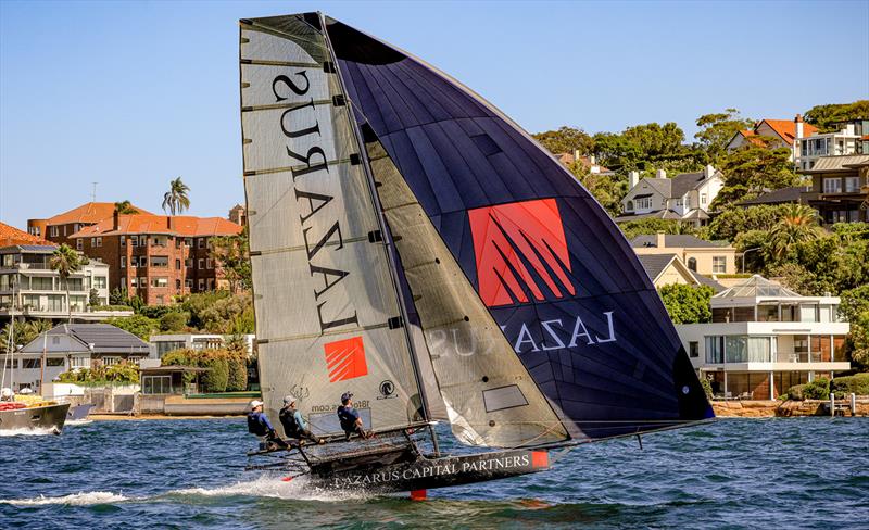 18ft Skiff 2024 JJ Giltinan Championship Race 2: Lazarus was in third place before gear problems cost the team a good result photo copyright SailMedia taken at Australian 18 Footers League and featuring the 18ft Skiff class