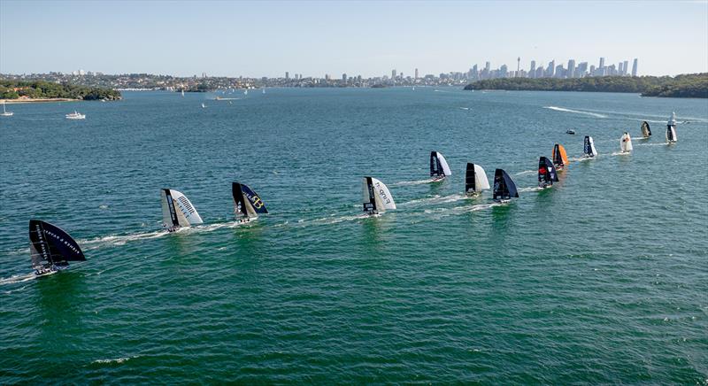 18ft Skiff 2024 JJ Giltinan Championship Races 3 & 4: Fleet heads to the bottom mark on Sydney Harbour photo copyright SailMedia taken at Australian 18 Footers League and featuring the 18ft Skiff class