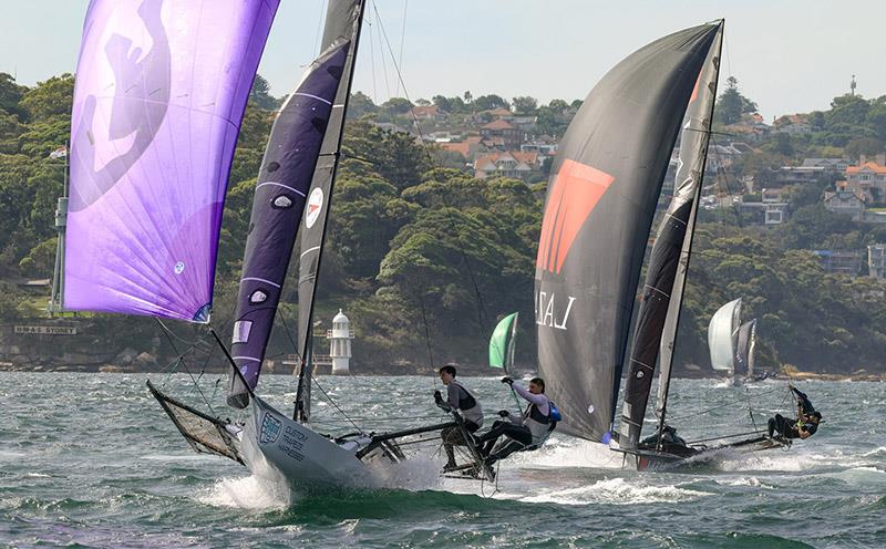 Big Foot leads Lazarus in Race 6 - 2024 JJ Giltinan Championship photo copyright SailMedia taken at Australian 18 Footers League and featuring the 18ft Skiff class