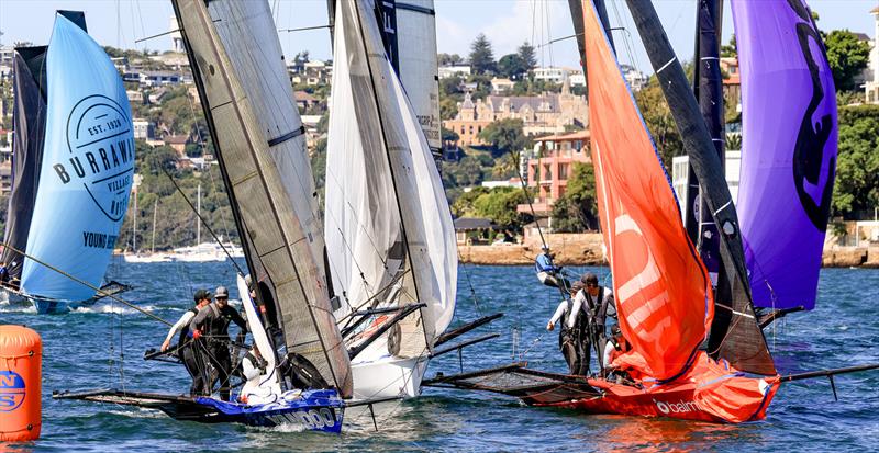 Yandoo and Balmain at the bottom mark during race 8 of the 18ft Skiff Winnings 2024 JJ Giltinan Championship photo copyright SailMedia taken at Australian 18 Footers League and featuring the 18ft Skiff class