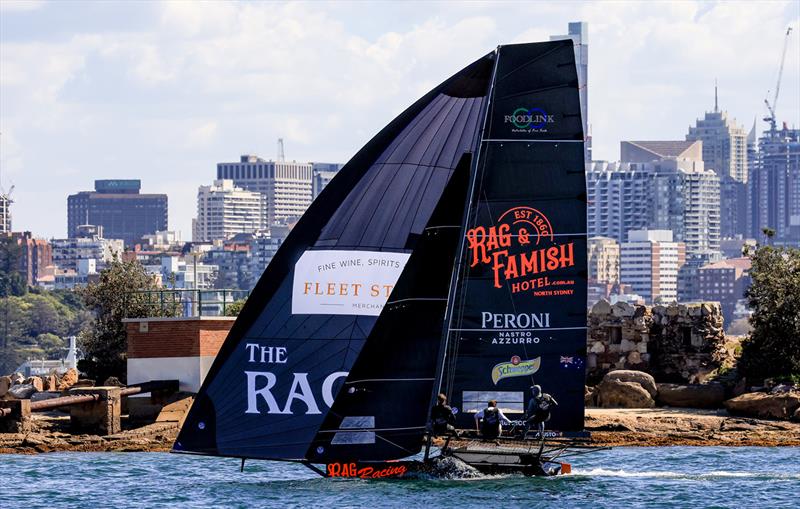 Rag and Famish Hotel heads to the mark off Shark Island during race 8 of the 18ft Skiff Winnings 2024 JJ Giltinan Championship photo copyright SailMedia taken at Australian 18 Footers League and featuring the 18ft Skiff class
