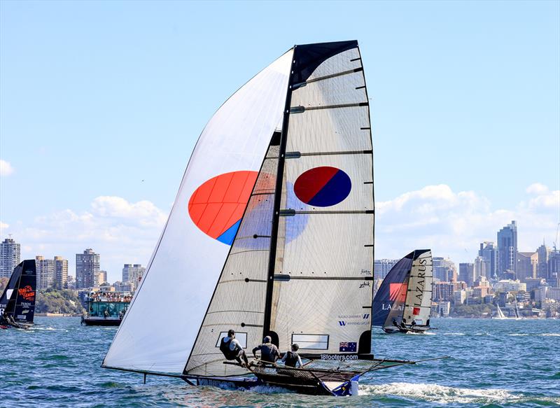 Yandoo chases the second placed Lazarus during race 8 of the 18ft Skiff Winnings 2024 JJ Giltinan Championship photo copyright SailMedia taken at Australian 18 Footers League and featuring the 18ft Skiff class