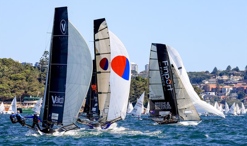 First spinnker run during race 8 of the 18ft Skiff Winnings 2024 JJ Giltinan Championship photo copyright SailMedia taken at Australian 18 Footers League and featuring the 18ft Skiff class