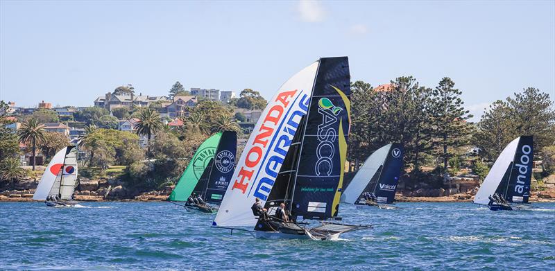 Yandoo leads the fleet along Shark Island during the final race of the 18ft Skiff Winnings 2024 JJ Giltinan Championship - photo © SailMedia