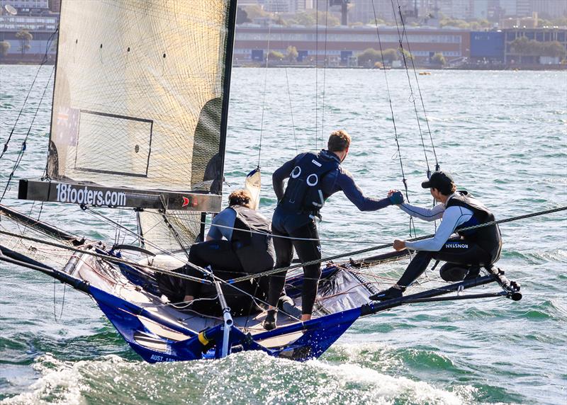 Fang Warren congratulates skipper Micah Lane on Yandoo's victory in the 18ft Skiff Winnings 2024 JJ Giltinan Championship - photo © SailMedia