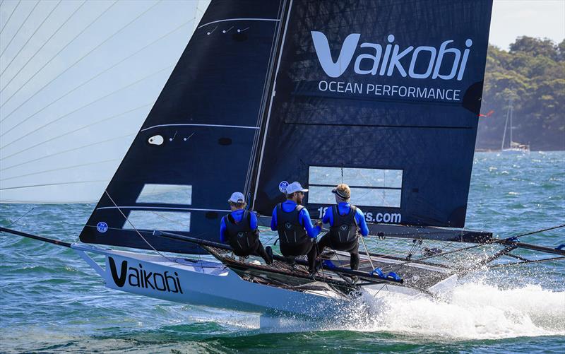 Vaikobi under spinnker during the final race of the 18ft Skiff Winnings 2024 JJ Giltinan Championship photo copyright SailMedia taken at Australian 18 Footers League and featuring the 18ft Skiff class