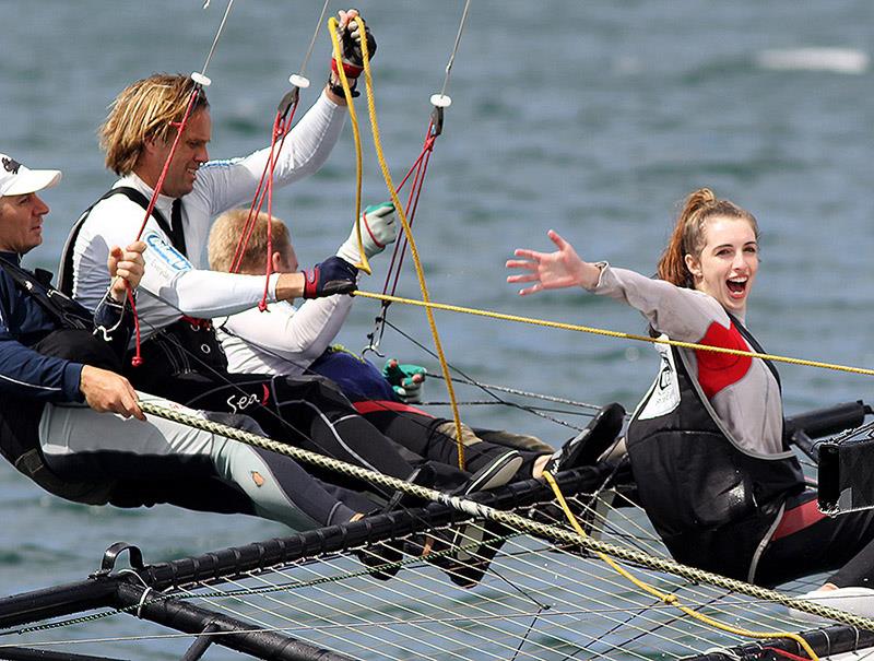 A happy Queen of the Harbour winner photo copyright Frank Quealey taken at Australian 18 Footers League and featuring the 18ft Skiff class