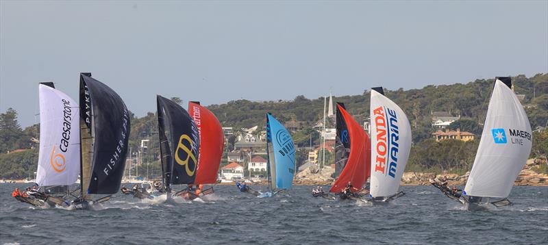 Part of the pack on day four - JJ Giltinan Championship photo copyright SailMedia taken at Australian 18 Footers League and featuring the 18ft Skiff class