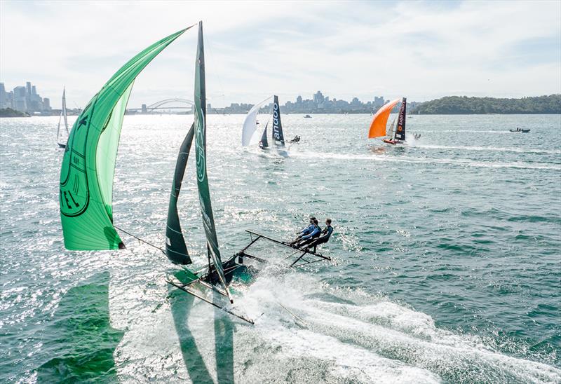 Racing to the finish line photo copyright SailMedia taken at Australian 18 Footers League and featuring the 18ft Skiff class