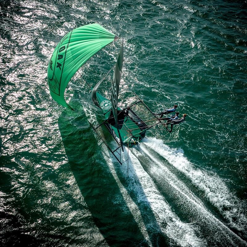 The Oak Double Bay-4 Pines at speed photo copyright SailMedia taken at Australian 18 Footers League and featuring the 18ft Skiff class