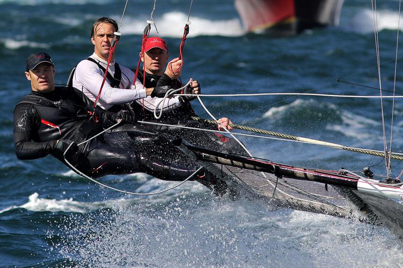 Skipper Simon Nearn with Grant Rollerson on the sheet and Dan Wilsden in the bow photo copyright Frank Quealey taken at Australian 18 Footers League and featuring the 18ft Skiff class