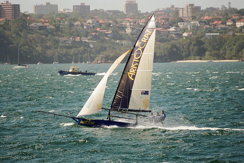 Aristocrat's crew head for victory on wild Sydney Harbour conditions photo copyright Frank Quealey taken at Australian 18 Footers League and featuring the 18ft Skiff class