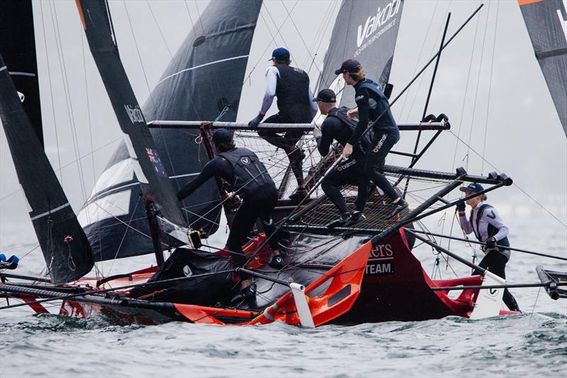 Shaw and Partners in a tight situation at the bottom mark during the JJs photo copyright Suellen Hurling, Live Sail Die taken at Australian 18 Footers League and featuring the 18ft Skiff class
