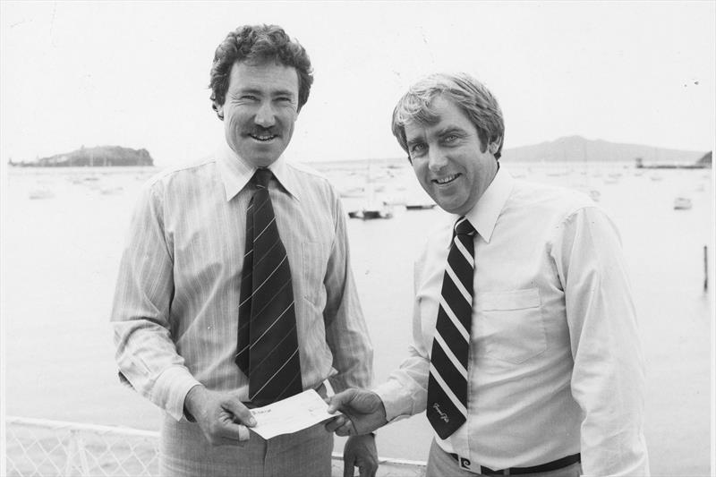 Ted (Chalky) Bland, Commodore of Auckland SC accepts a sponsorship cheque for the 1980 Stubbies 18ft Skiff Championships photo copyright Central Leader taken at Auckland Sailing Club and featuring the 18ft Skiff class