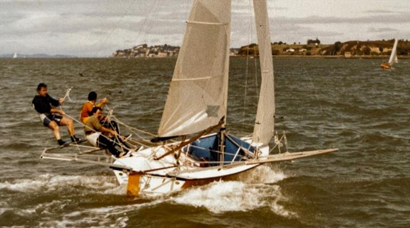 Chalkie Bland on the helm of the 18fter Stubbies in the days when you sailed with the biggest rack you could handle photo copyright ASC taken at Auckland Sailing Club and featuring the 18ft Skiff class