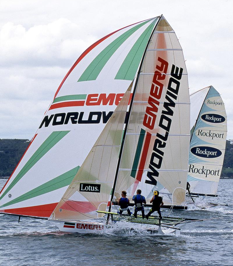 UK's Rockport and USA's Emery Worldwide at the 1999 Giltinan Championship photo copyright Bob Ross taken at Australian 18 Footers League and featuring the 18ft Skiff class