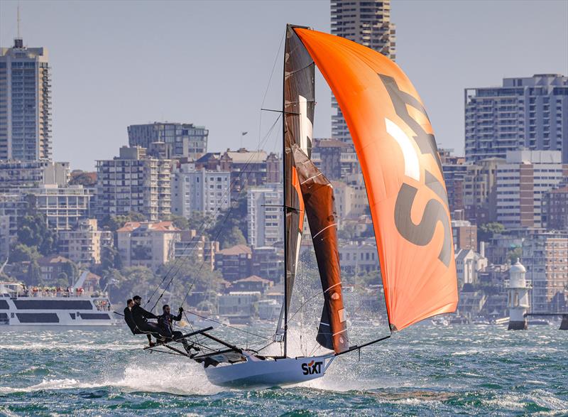 An airborne southerly spinnaker run in Race 1 of the 2024 Spring Championship photo copyright SailMedia taken at Australian 18 Footers League and featuring the 18ft Skiff class