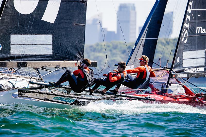 Crew in action at the JJ Giltinan 18 Foot Skiff Championship photo copyright Suellen Hurling / Live Sail Die taken at Australian 18 Footers League and featuring the 18ft Skiff class