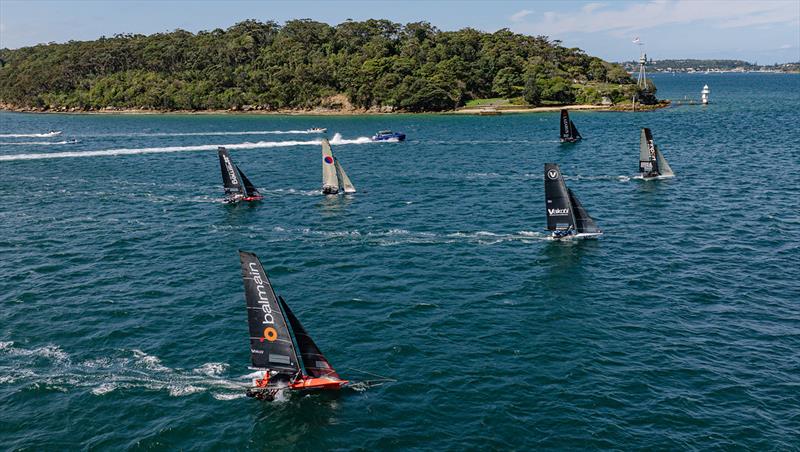 Vaikopbi with the pointy-end of the fleet photo copyright SailMedia taken at Australian 18 Footers League and featuring the 18ft Skiff class