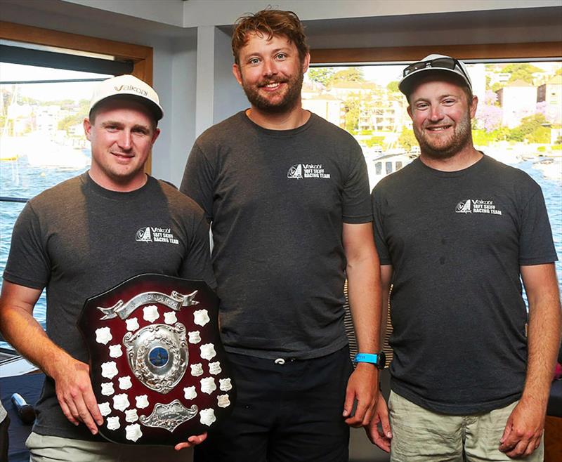 Vaikobi crew from left, Kirk Mitchell, Andrew Stephenson and Daniel Barnett after winning last season's Mick Scully Memorial Trophy race  - photo © Jason McCormack18Footers